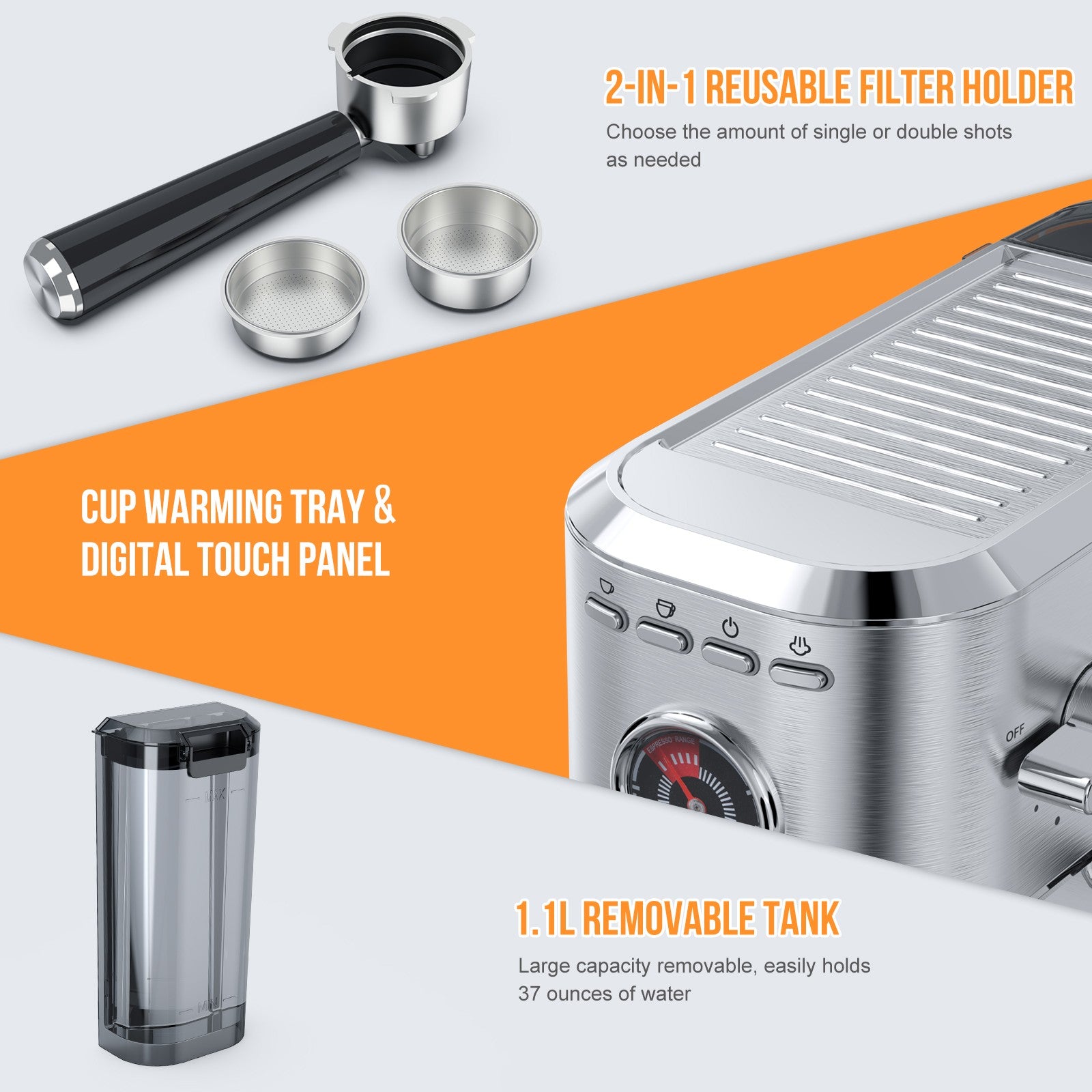 IAGREEA 20Bar Professional Espresso Machine with Pressure Gauge, Steam Wand & Cup Warmer Tray, Single/Double Shot Coffee Maker, 1.1L Removable Water Tank, Stainless Steel Compact Coffee Machine for Home Latte Cappuccino Americano