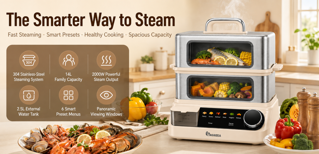 IAGREEA 14L Electric Food Steamer, 2000W Dual-Tier Cooker with Panoramic Viewing Windows, 2 Stainless Steel Trays, 2.5L External Water Tank, 6 Presets and Timer MS-22ZG21-Q