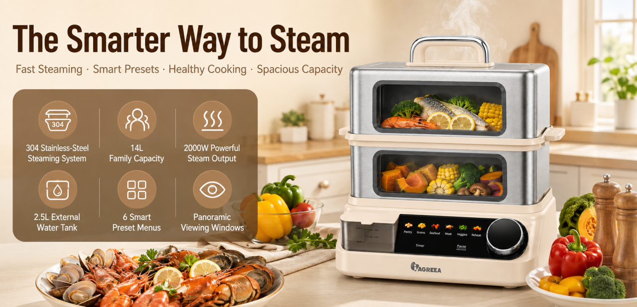 IAGREEA 14L Electric Food Steamer, 2000W Dual-Tier Cooker with Panoramic Viewing Windows, 2 Stainless Steel Trays, 2.5L External Water Tank, 6 Presets and Timer MS-22ZG21-Q