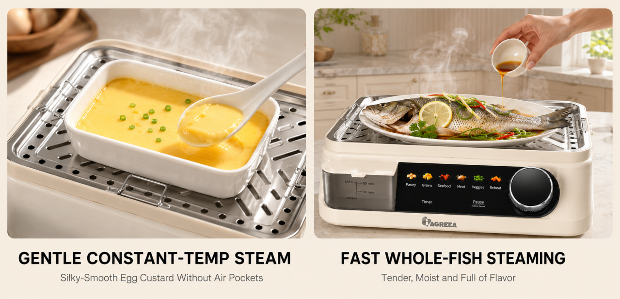 IAGREEA 14L Electric Food Steamer, 2000W Dual-Tier Cooker with Panoramic Viewing Windows, 2 Stainless Steel Trays, 2.5L External Water Tank, 6 Presets and Timer MS-22ZG21-Q