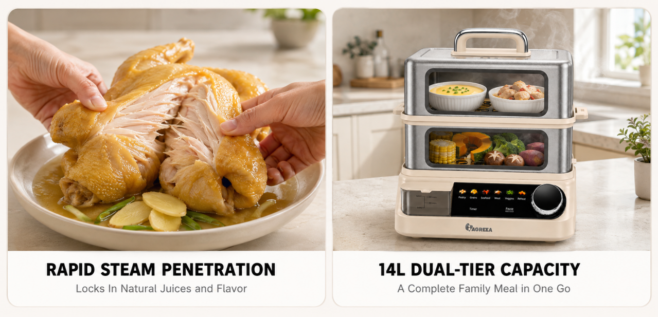 IAGREEA 14L Electric Food Steamer, 2000W Dual-Tier Cooker with Panoramic Viewing Windows, 2 Stainless Steel Trays, 2.5L External Water Tank, 6 Presets and Timer MS-22ZG21-Q