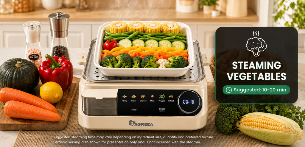 IAGREEA 14L Electric Food Steamer, 2000W Dual-Tier Cooker with Panoramic Viewing Windows, 2 Stainless Steel Trays, 2.5L External Water Tank, 6 Presets and Timer MS-22ZG21-Q
