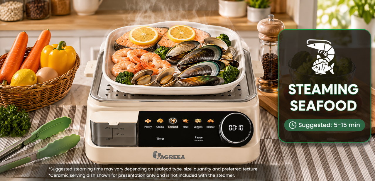 IAGREEA 14L Electric Food Steamer, 2000W Dual-Tier Cooker with Panoramic Viewing Windows, 2 Stainless Steel Trays, 2.5L External Water Tank, 6 Presets and Timer MS-22ZG21-Q