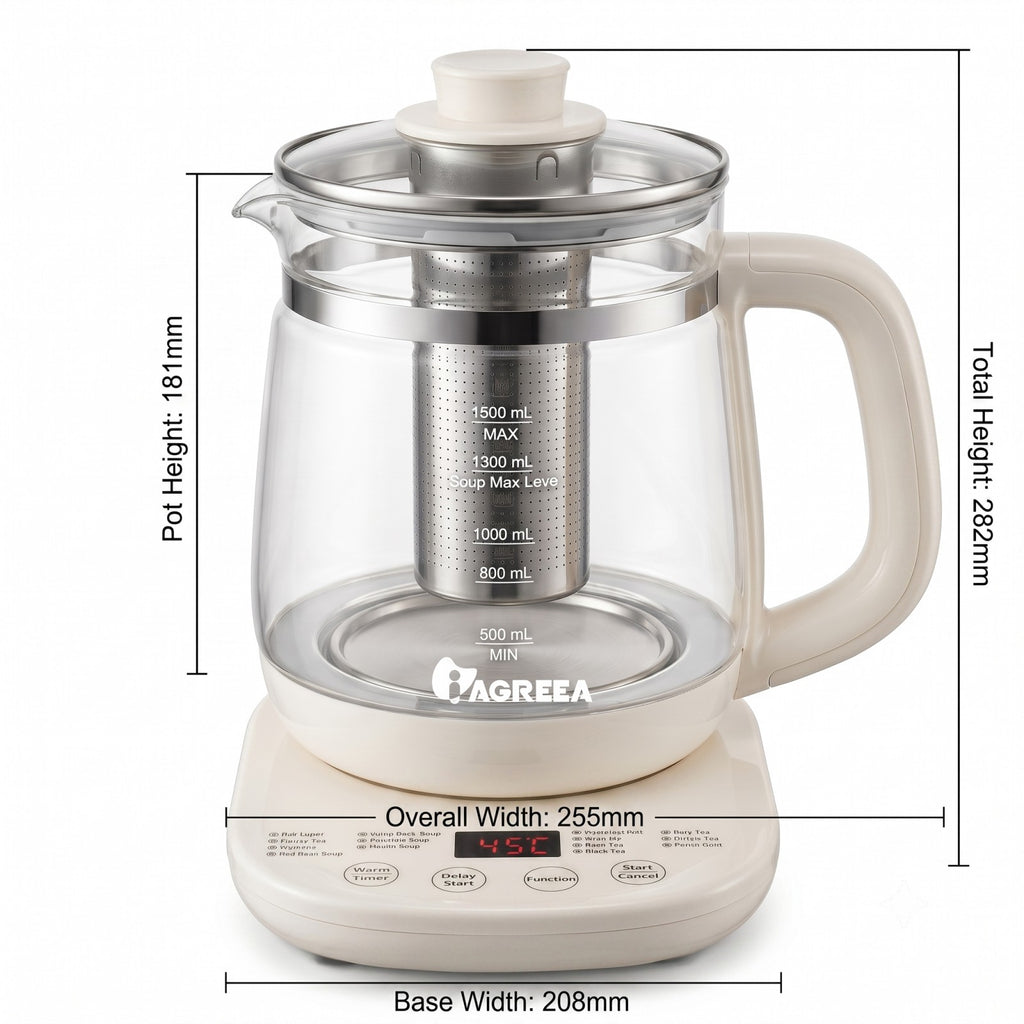 IAGREEA 1.5L Multi‑Function Glass Health Kettle, Programmable Electric Tea Kettle with Removable 304 Stainless Steel Tea Infuser, 6‑Temperature Settings, Delay Start & Keep Warm, Digital Display for Tea Soup Baby Formula