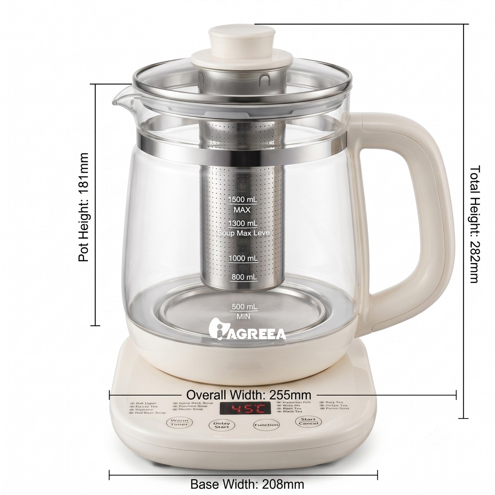 IAGREEA 1.5L Multi‑Function Glass Health Kettle, Programmable Electric Tea Kettle with Removable 304 Stainless Steel Tea Infuser, 6‑Temperature Settings, Delay Start & Keep Warm, Digital Display for Tea Soup Baby Formula
