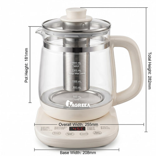 IAGREEA 1.5L Multi‑Function Glass Health Kettle, Programmable Electric Tea Kettle with Removable 304 Stainless Steel Tea Infuser, 6‑Temperature Settings, Delay Start & Keep Warm, Digital Display for Tea Soup Baby Formula