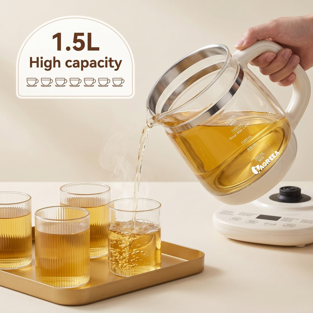 IAGREEA 1.5L Multi‑Function Glass Health Kettle, Programmable Electric Tea Kettle with Removable 304 Stainless Steel Tea Infuser, 6‑Temperature Settings, Delay Start & Keep Warm, Digital Display for Tea Soup Baby Formula