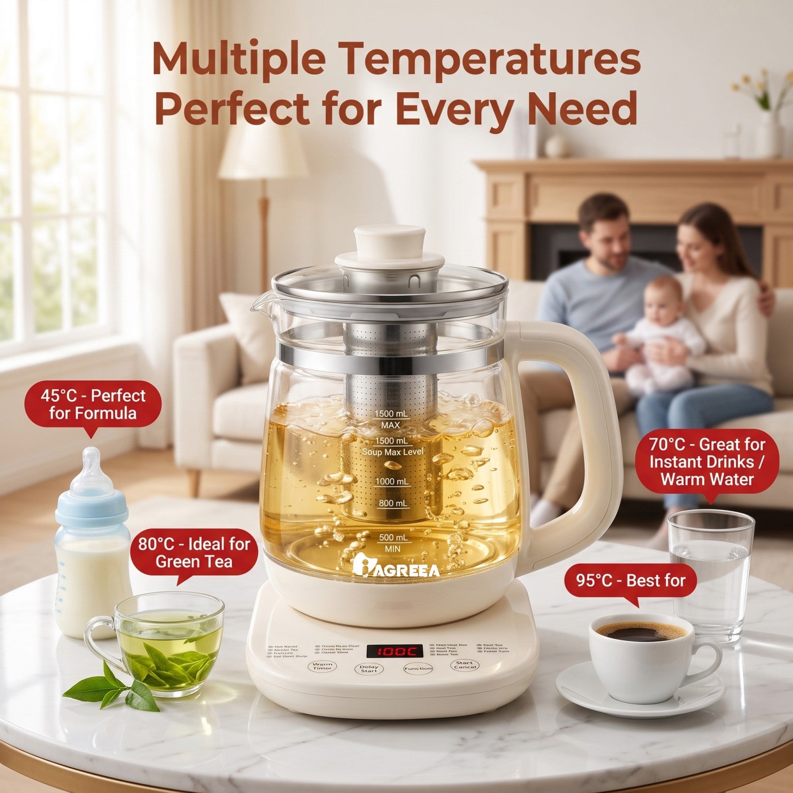 IAGREEA 1.5L Multi‑Function Glass Health Kettle, Programmable Electric Tea Kettle with Removable 304 Stainless Steel Tea Infuser, 6‑Temperature Settings, Delay Start & Keep Warm, Digital Display for Tea Soup Baby Formula