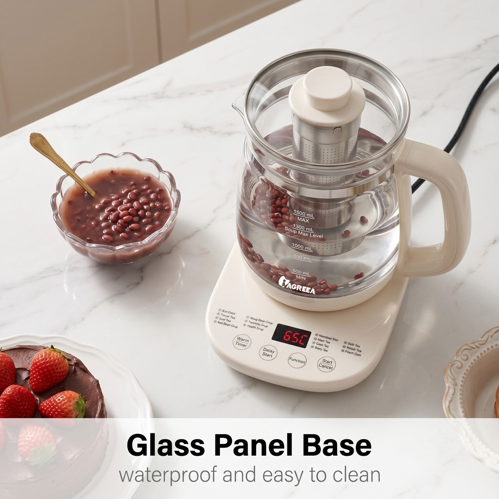IAGREEA 1.5L Multi‑Function Glass Health Kettle, Programmable Electric Tea Kettle with Removable 304 Stainless Steel Tea Infuser, 6‑Temperature Settings, Delay Start & Keep Warm, Digital Display for Tea Soup Baby Formula