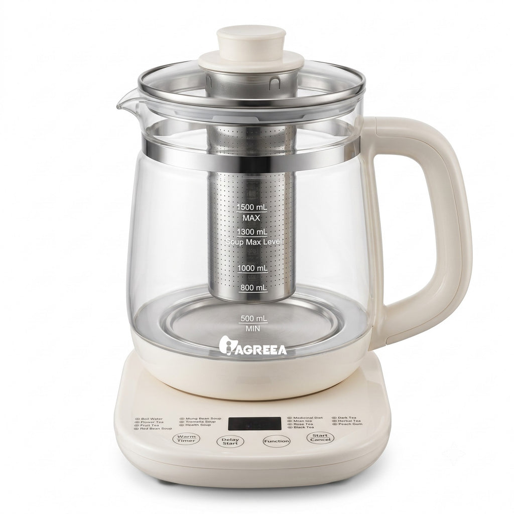IAGREEA 1.5L Multi‑Function Glass Health Kettle, Programmable Electric Tea Kettle with Removable 304 Stainless Steel Tea Infuser, 6‑Temperature Settings, Delay Start & Keep Warm, Digital Display for Tea Soup Baby Formula