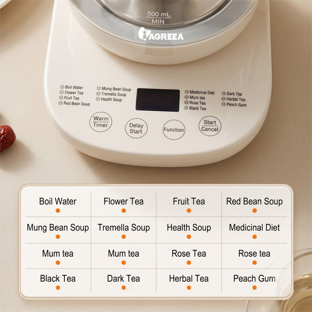 IAGREEA 1.5L Multi‑Function Glass Health Kettle, Programmable Electric Tea Kettle with Removable 304 Stainless Steel Tea Infuser, 6‑Temperature Settings, Delay Start & Keep Warm, Digital Display for Tea Soup Baby Formula