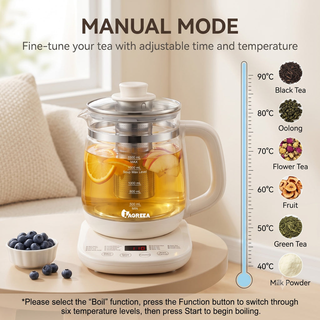 IAGREEA 1.5L Multi‑Function Glass Health Kettle, Programmable Electric Tea Kettle with Removable 304 Stainless Steel Tea Infuser, 6‑Temperature Settings, Delay Start & Keep Warm, Digital Display for Tea Soup Baby Formula