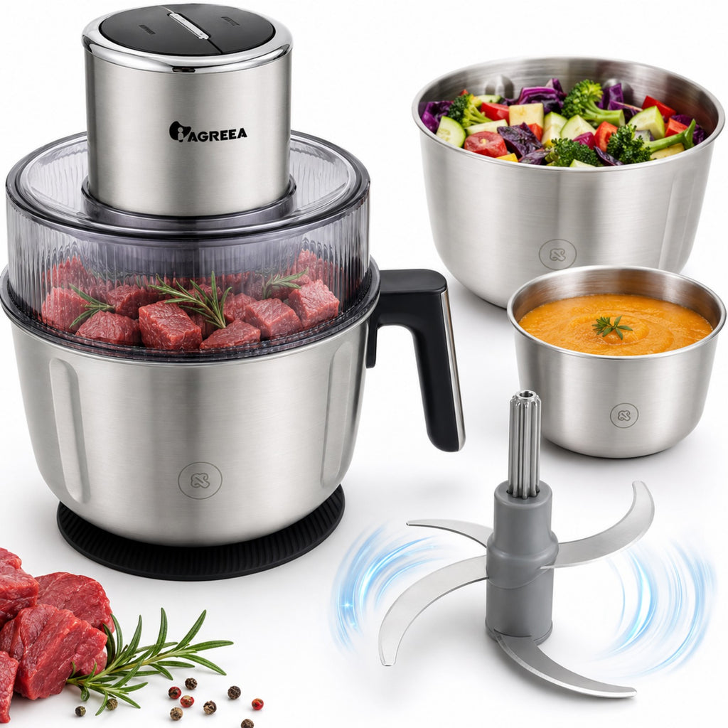 IAGREEA Electric Food Processor Meat Grinder, 350W 2‑Speed Pulse Vegetable Chopper with 3Pcs SUS304 Stainless Steel Bowls(2.5L/2.2L/1.8L), Magnetic Retractable Blade Shaft, Dishwasher‑Safe for Meat, Veggies & Baby Food