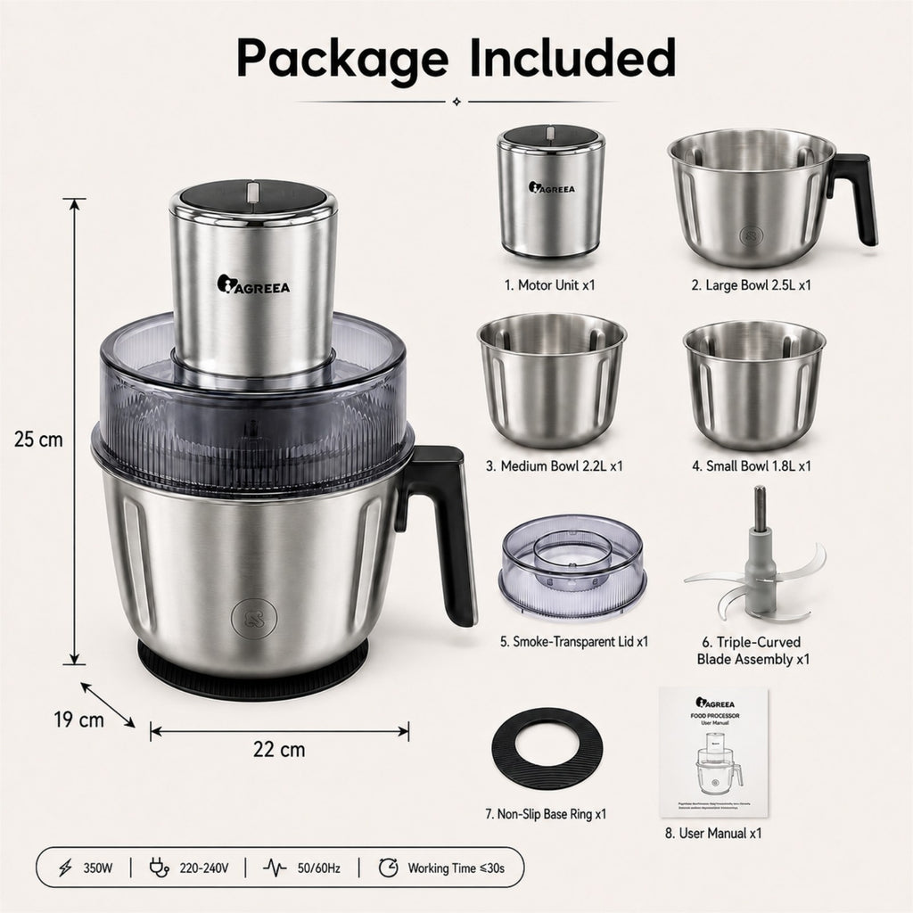 IAGREEA Electric Food Processor Meat Grinder, 350W 2‑Speed Pulse Vegetable Chopper with 3Pcs SUS304 Stainless Steel Bowls(2.5L/2.2L/1.8L), Magnetic Retractable Blade Shaft, Dishwasher‑Safe for Meat, Veggies & Baby Food