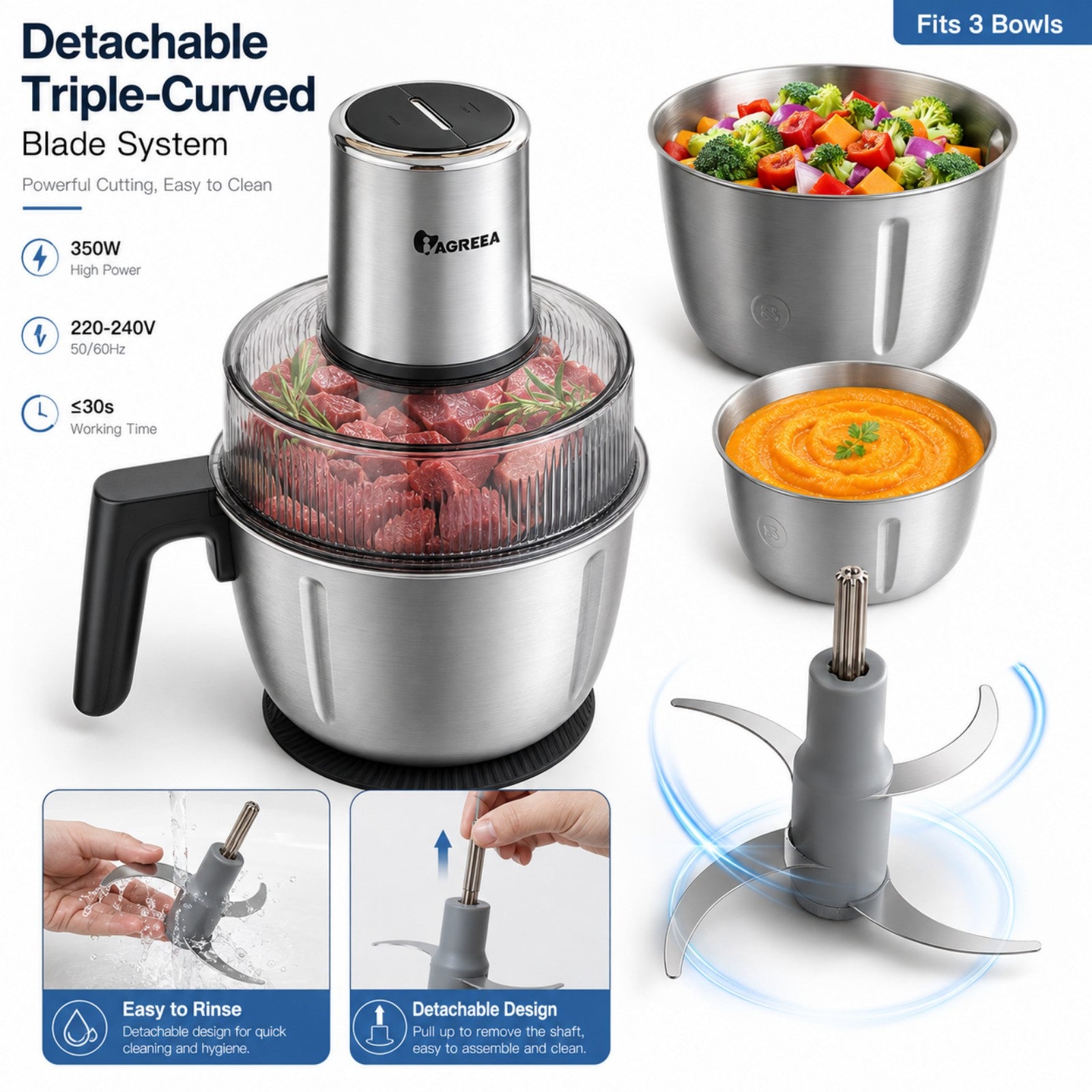 IAGREEA Electric Food Processor Meat Grinder, 350W 2‑Speed Pulse Vegetable Chopper with 3Pcs SUS304 Stainless Steel Bowls(2.5L/2.2L/1.8L), Magnetic Retractable Blade Shaft, Dishwasher‑Safe for Meat, Veggies & Baby Food