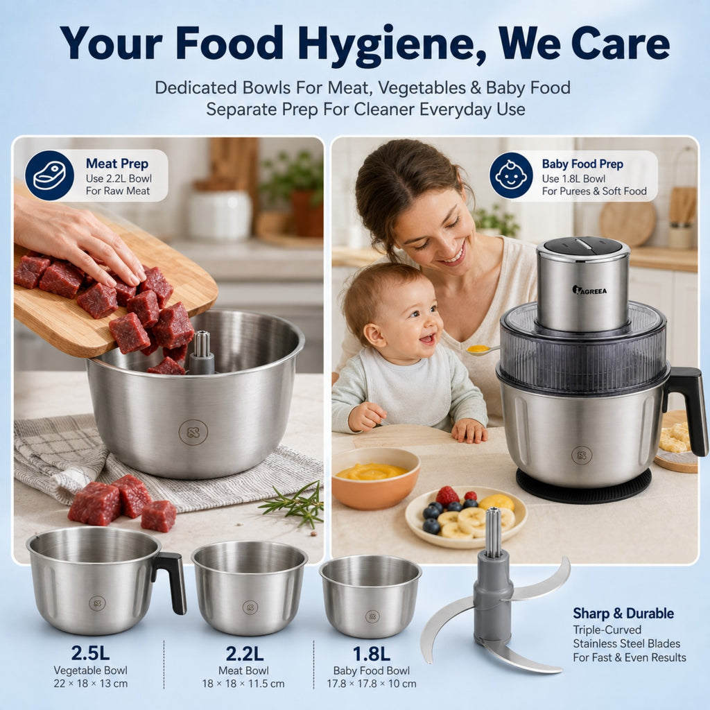IAGREEA Electric Food Processor Meat Grinder, 350W 2‑Speed Pulse Vegetable Chopper with 3Pcs SUS304 Stainless Steel Bowls(2.5L/2.2L/1.8L), Magnetic Retractable Blade Shaft, Dishwasher‑Safe for Meat, Veggies & Baby Food