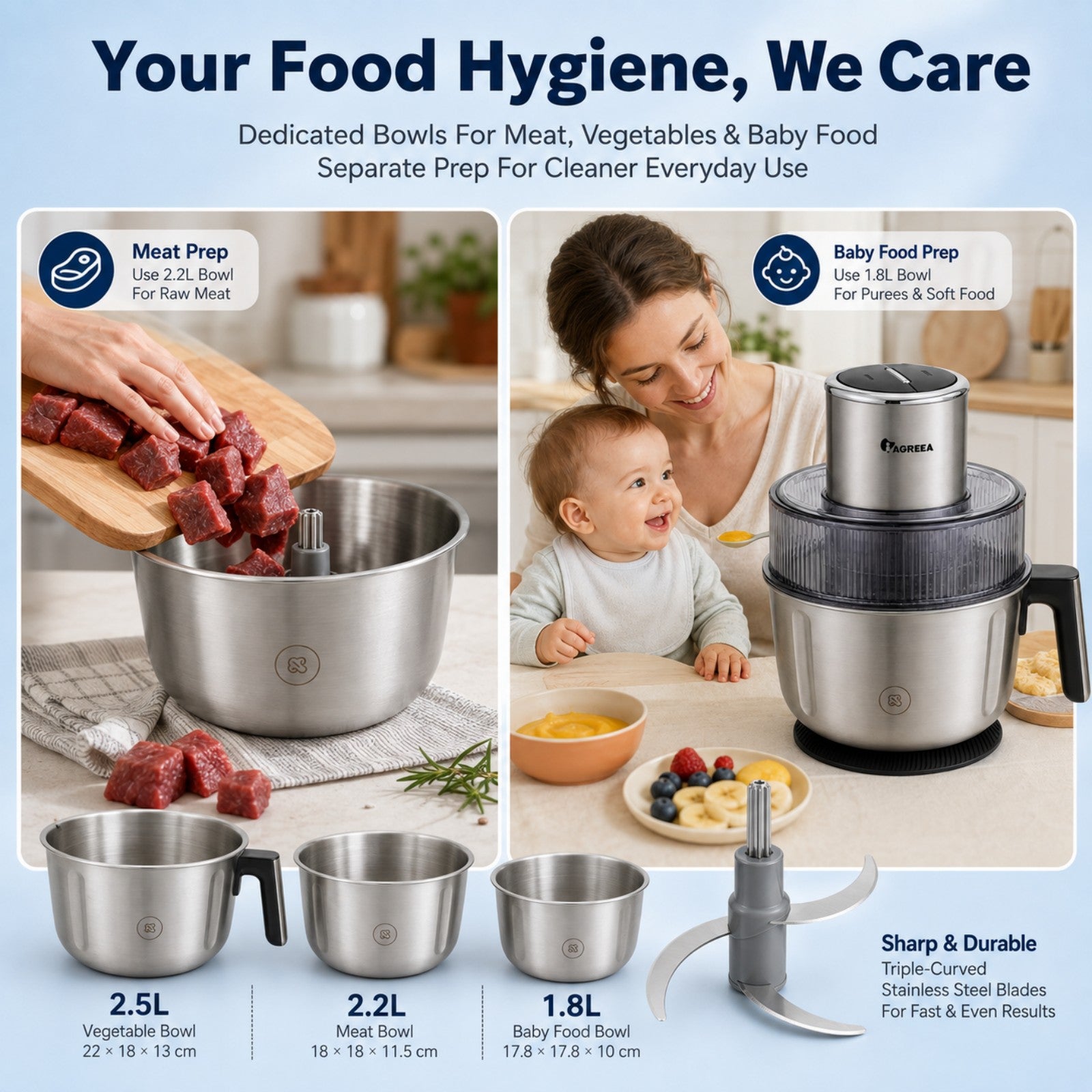 IAGREEA Electric Food Processor Meat Grinder, 350W 2‑Speed Pulse Vegetable Chopper with 3Pcs SUS304 Stainless Steel Bowls(2.5L/2.2L/1.8L), Magnetic Retractable Blade Shaft, Dishwasher‑Safe for Meat, Veggies & Baby Food