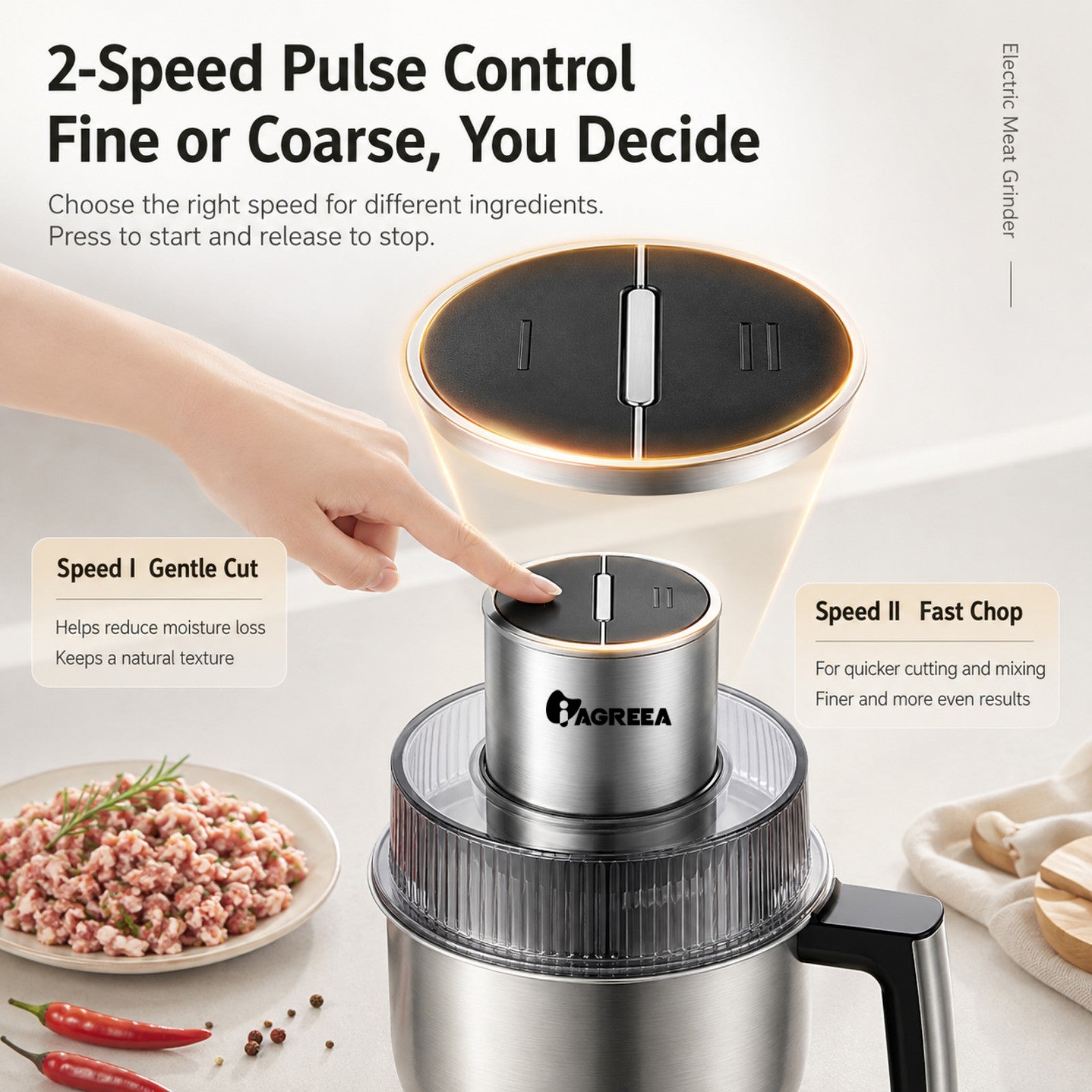 IAGREEA Electric Food Processor Meat Grinder, 350W 2‑Speed Pulse Vegetable Chopper with 3Pcs SUS304 Stainless Steel Bowls(2.5L/2.2L/1.8L), Magnetic Retractable Blade Shaft, Dishwasher‑Safe for Meat, Veggies & Baby Food