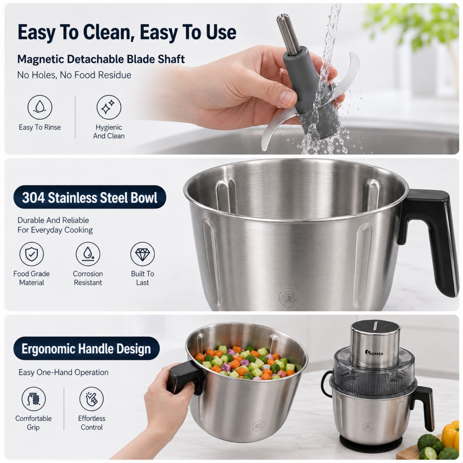 IAGREEA Electric Food Processor Meat Grinder, 350W 2‑Speed Pulse Vegetable Chopper with 3Pcs SUS304 Stainless Steel Bowls(2.5L/2.2L/1.8L), Magnetic Retractable Blade Shaft, Dishwasher‑Safe for Meat, Veggies & Baby Food