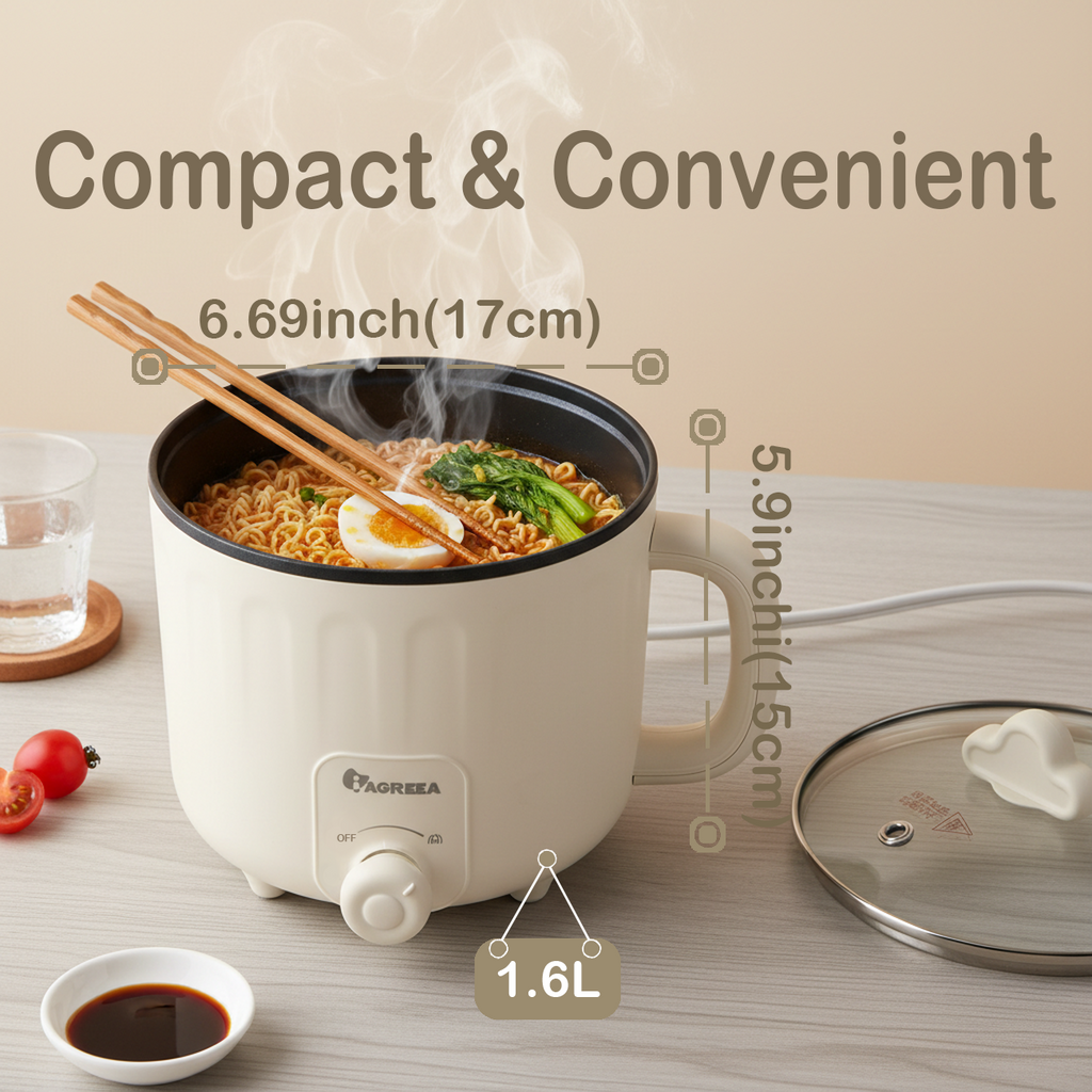 IAGREEA 1.6L Mini Electric Cooking Pot - 600W Portable Non-Stick Multi-Function Cooker with Auto Shut-Off & Overheat Protection, Compact Ramen & Shabu-Shabu Kettle for Dorms, Small Apartments, Travel & Camping - Fast Boil