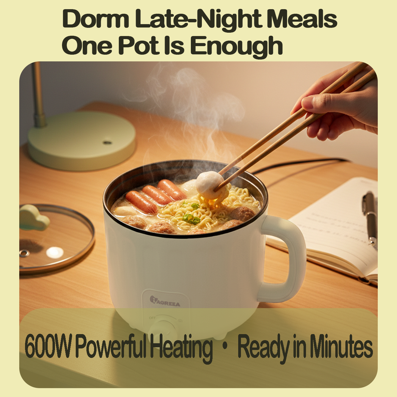 IAGREEA 1.6L Mini Electric Cooking Pot - 600W Portable Non-Stick Multi-Function Cooker with Auto Shut-Off & Overheat Protection, Compact Ramen & Shabu-Shabu Kettle for Dorms, Small Apartments, Travel & Camping - Fast Boil