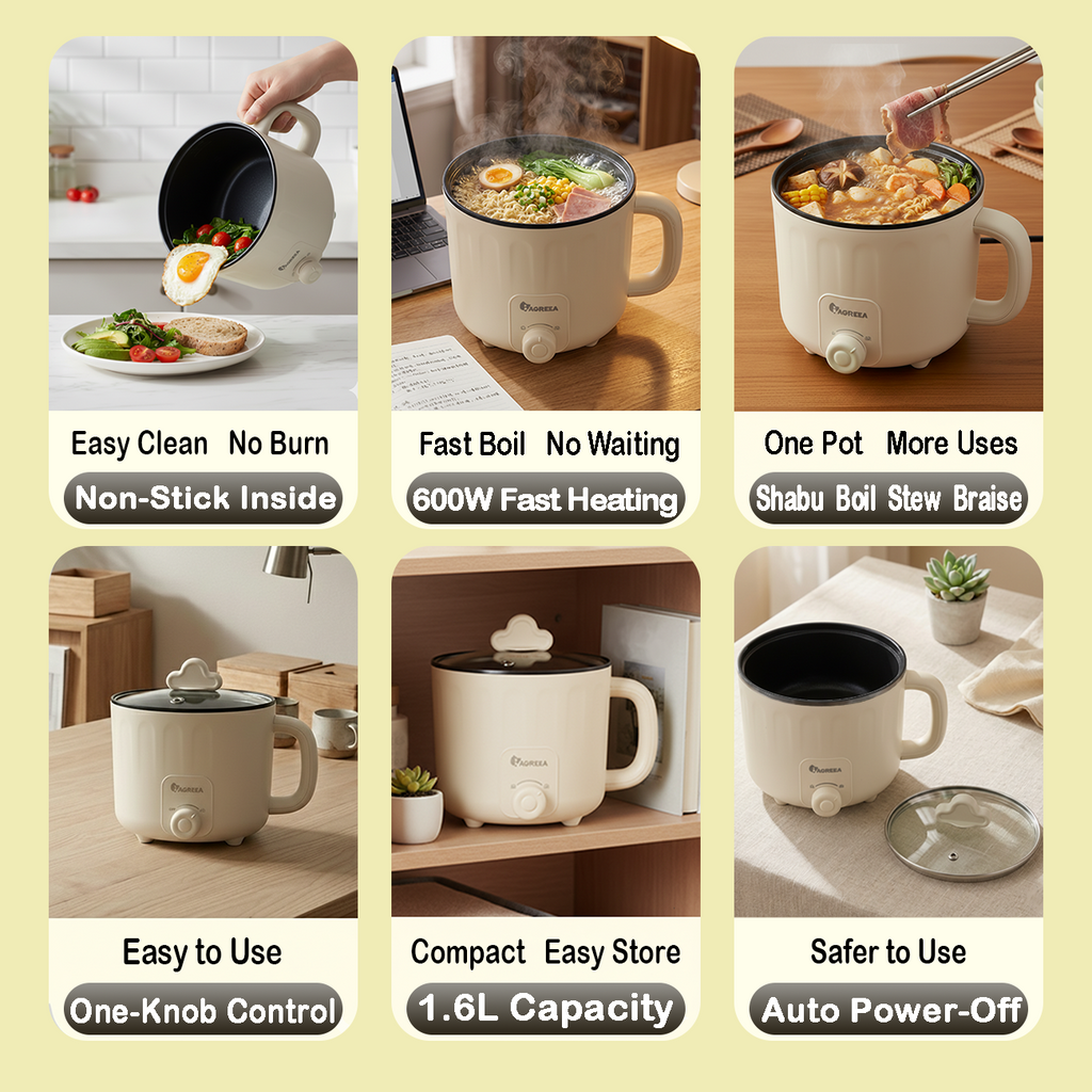 IAGREEA 1.6L Mini Electric Cooking Pot - 600W Portable Non-Stick Multi-Function Cooker with Auto Shut-Off & Overheat Protection, Compact Ramen & Shabu-Shabu Kettle for Dorms, Small Apartments, Travel & Camping - Fast Boil