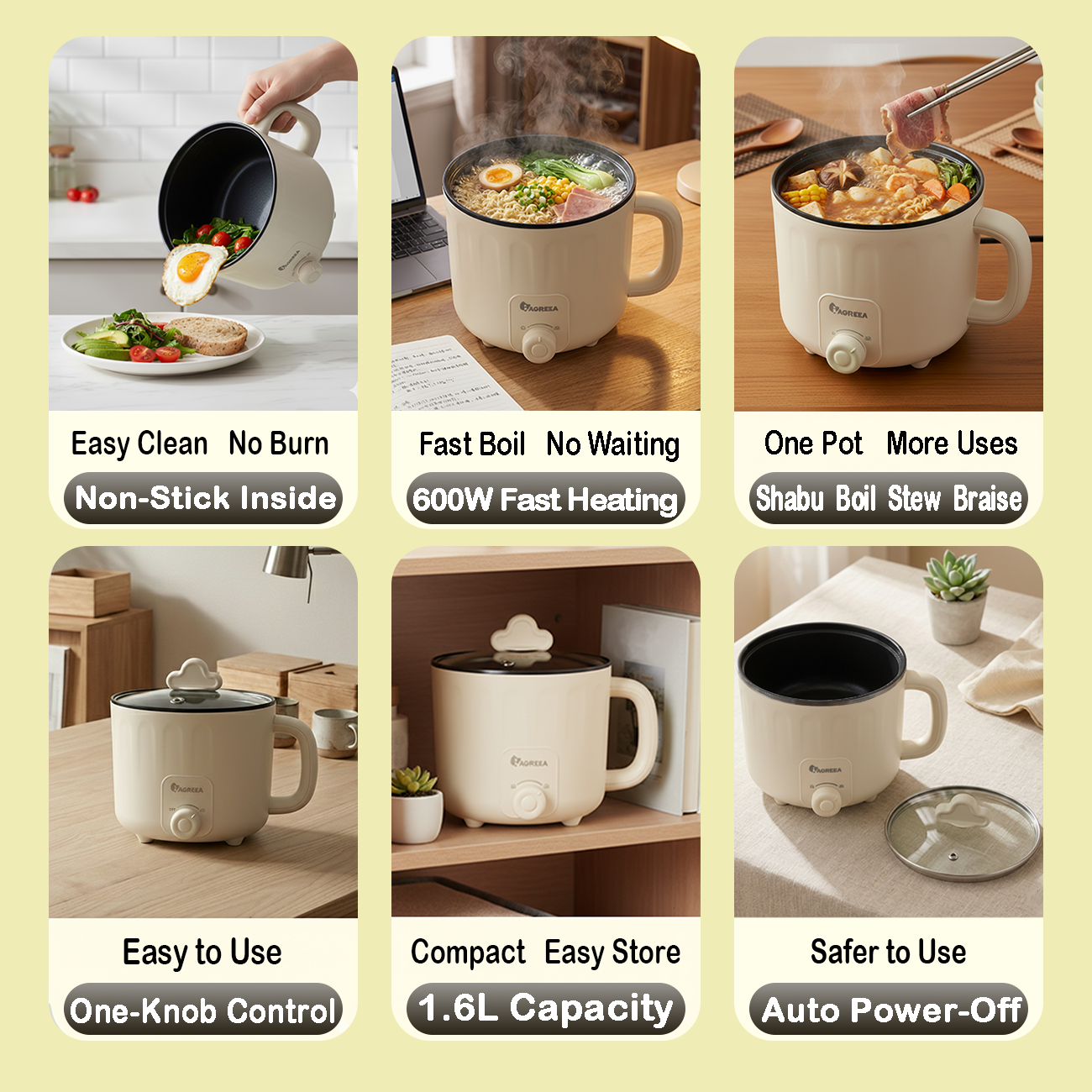 IAGREEA 1.6L Mini Electric Cooking Pot - 600W Portable Non-Stick Multi-Function Cooker with Auto Shut-Off & Overheat Protection, Compact Ramen & Shabu-Shabu Kettle for Dorms, Small Apartments, Travel & Camping - Fast Boil