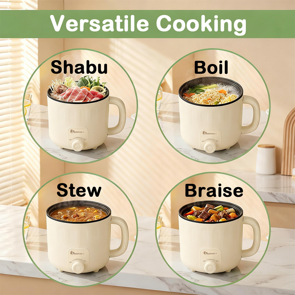 IAGREEA 1.6L Mini Electric Cooking Pot - 600W Portable Non-Stick Multi-Function Cooker with Auto Shut-Off & Overheat Protection, Compact Ramen & Shabu-Shabu Kettle for Dorms, Small Apartments, Travel & Camping - Fast Boil