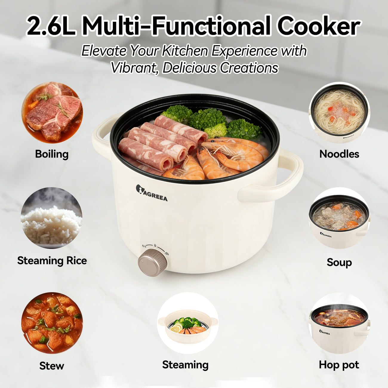 IAGREEA Slow Cooker, 2.6 L 1000 W Small Crock Pot with Steamer, 2 Heat Manual Control Slow Cooker, Non-Stick Electric Pot for Raman, Soup, Noodles, Steak, Oatmeal, Rapid, with Temperature control