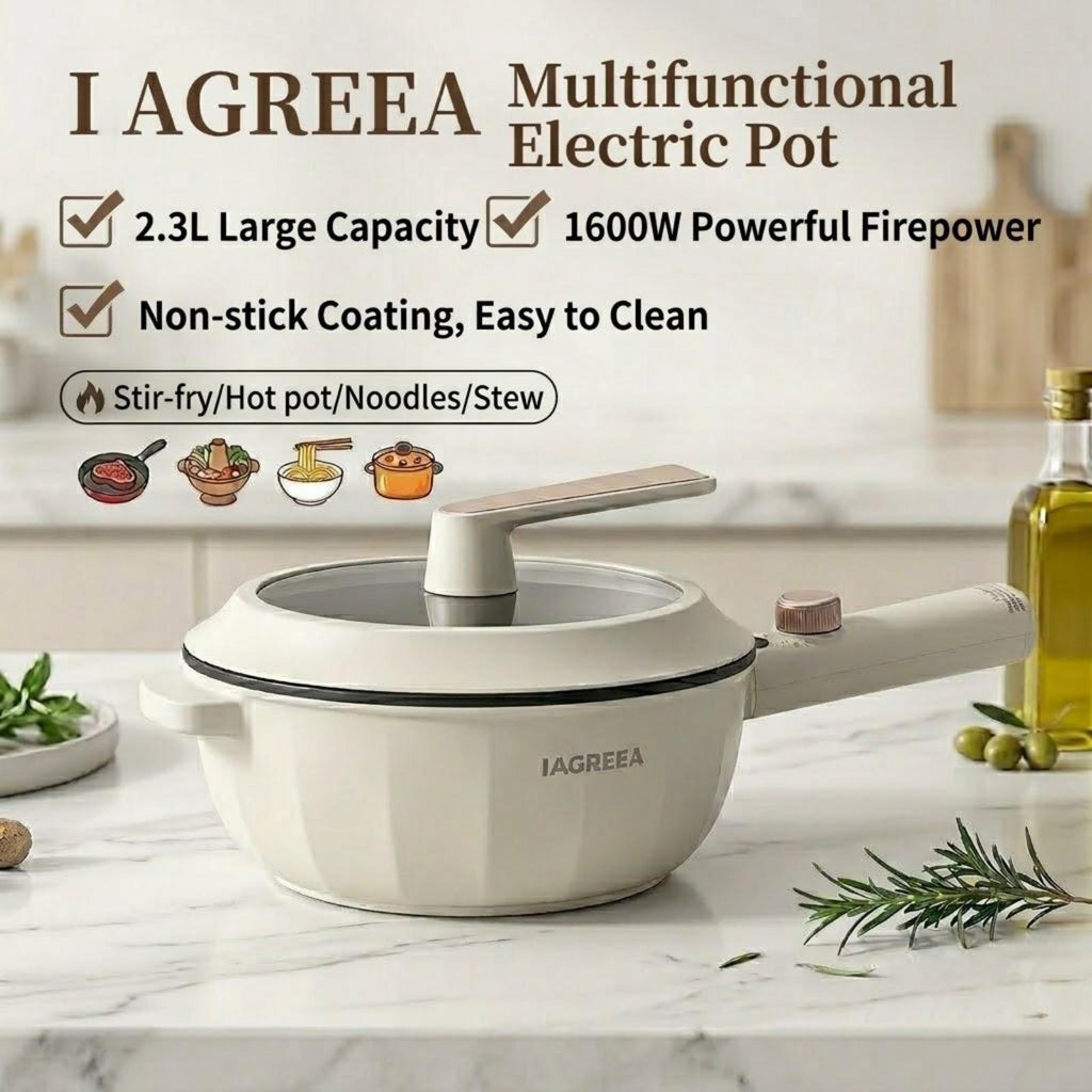 IAGREEA 2.3L Upgraded Rapid Ramen Cooker 1600W - Hot Pot Electric, Non-Stick Sauté Pan, Portable Multi-Functional Hot Pot with Power Adjustment for Steak, Egg, Fried Rice, Oatmeal, Soup, Perfect Christmas New Year Birthday Gift for Dorm Office Home