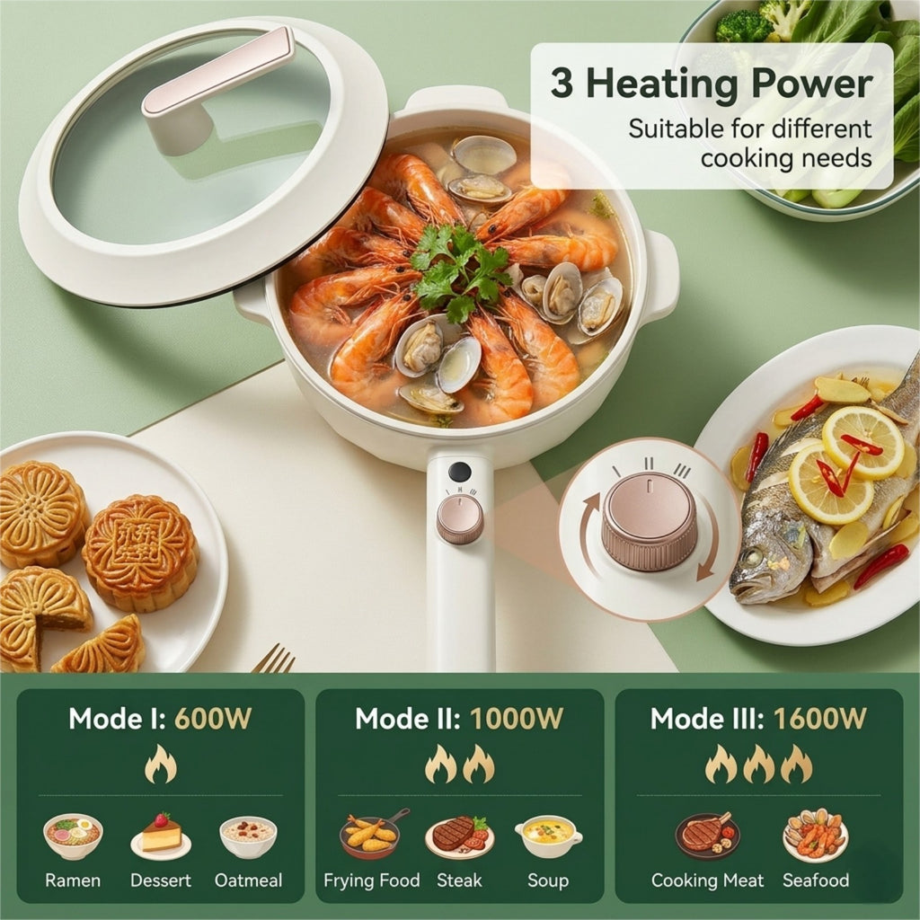 IAGREEA 2.3L Upgraded Rapid Ramen Cooker 1600W - Hot Pot Electric, Non-Stick Sauté Pan, Portable Multi-Functional Hot Pot with Power Adjustment for Steak, Egg, Fried Rice, Oatmeal, Soup, Perfect Christmas New Year Birthday Gift for Dorm Office Home
