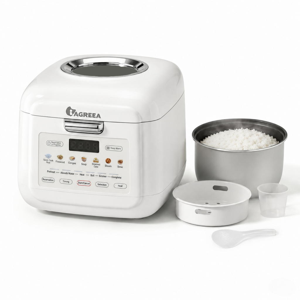 IAGREEA Mini Visible Rice Cooker, 2L (4-Cup), with Visual Window, Steamer and Warmer, Fuzzy Logic, One-Touch Cooking, 24-Hour Delay Timer, Auto Keep Warm, White HK-MD2