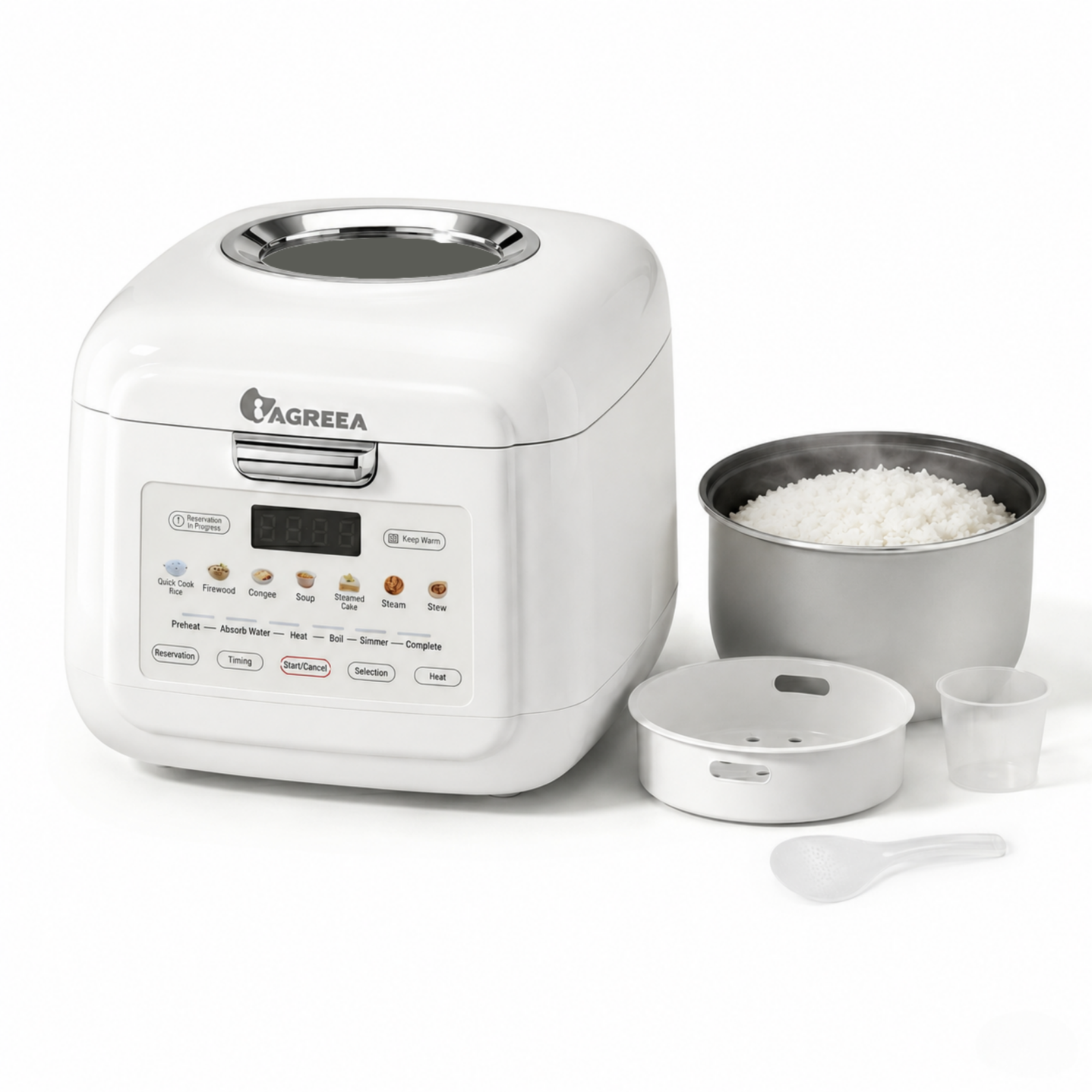 IAGREEA Mini Visible Rice Cooker, 2L (4-Cup), with Visual Window, Steamer and Warmer, Fuzzy Logic, One-Touch Cooking, 24-Hour Delay Timer, Auto Keep Warm, White HK-MD2