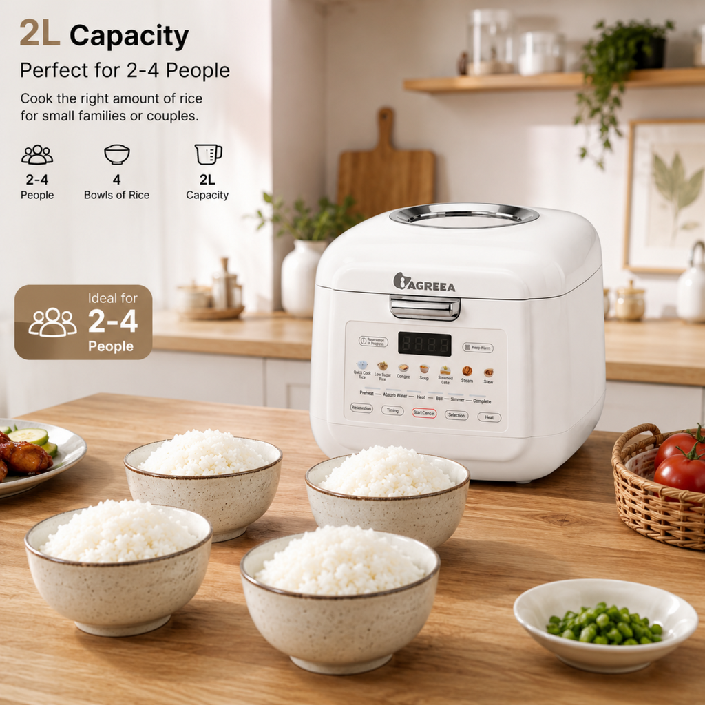IAGREEA Mini Visible Rice Cooker, 2L (4-Cup), with Visual Window, Steamer and Warmer, Fuzzy Logic, One-Touch Cooking, 24-Hour Delay Timer, Auto Keep Warm, White HK-MD2