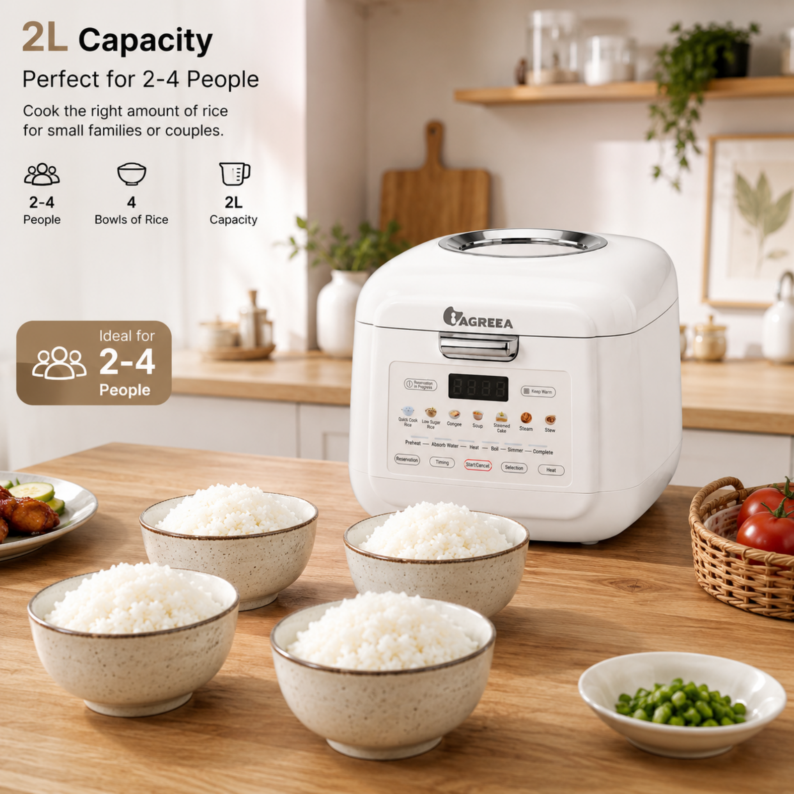 IAGREEA Mini Visible Rice Cooker, 2L (4-Cup), with Visual Window, Steamer and Warmer, Fuzzy Logic, One-Touch Cooking, 24-Hour Delay Timer, Auto Keep Warm, White HK-MD2