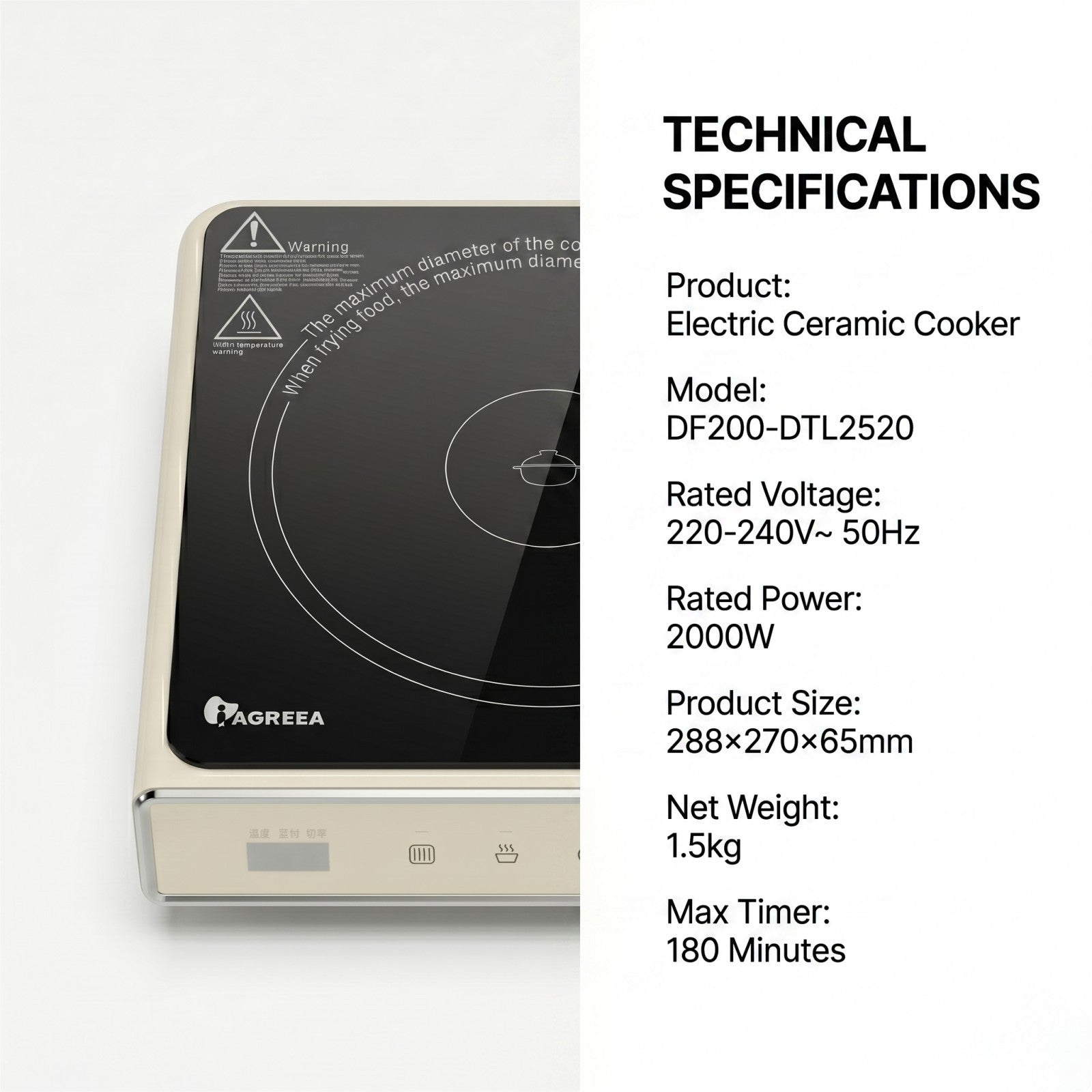 IAGREEA 2000W Electric Ceramic Cooker, Portable Hot Plate with 8 Temperature & 8 Power Levels, 180 Min Timer & 1 Hour Auto Shut Off, Countertop Single Burner for All Cookware, Easy Clean, Ideal for Kitchen Dorm RV Camping DF200-DTL2520