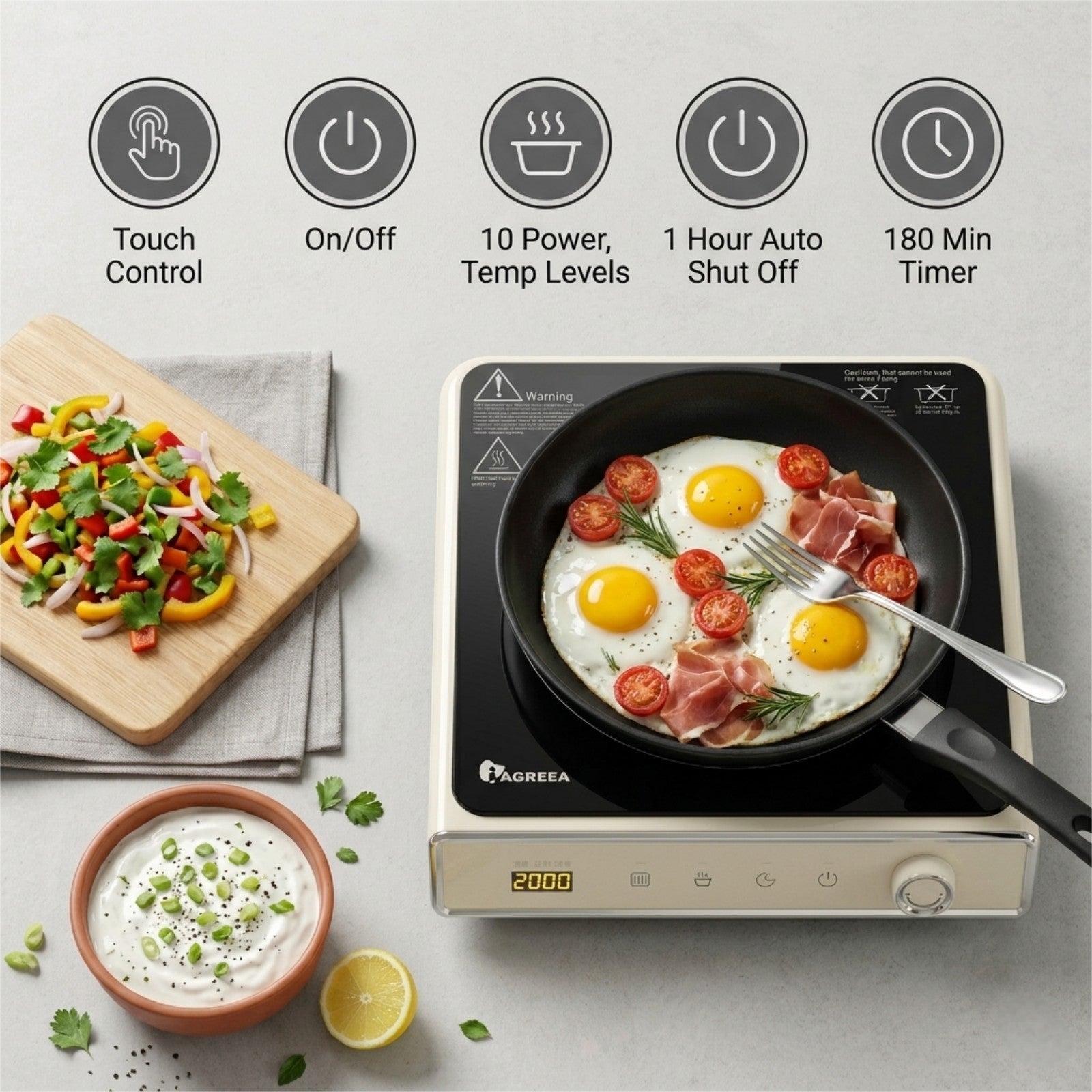 IAGREEA 2000W Electric Ceramic Cooker, Portable Hot Plate with 8 Temperature & 8 Power Levels, 180 Min Timer & 1 Hour Auto Shut Off, Countertop Single Burner for All Cookware, Easy Clean, Ideal for Kitchen Dorm RV Camping DF200-DTL2520