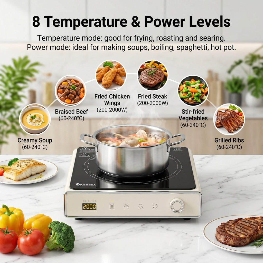IAGREEA 2000W Electric Ceramic Cooker, Portable Hot Plate with 8 Temperature & 8 Power Levels, 180 Min Timer & 1 Hour Auto Shut Off, Countertop Single Burner for All Cookware, Easy Clean, Ideal for Kitchen Dorm RV Camping DF200-DTL2520