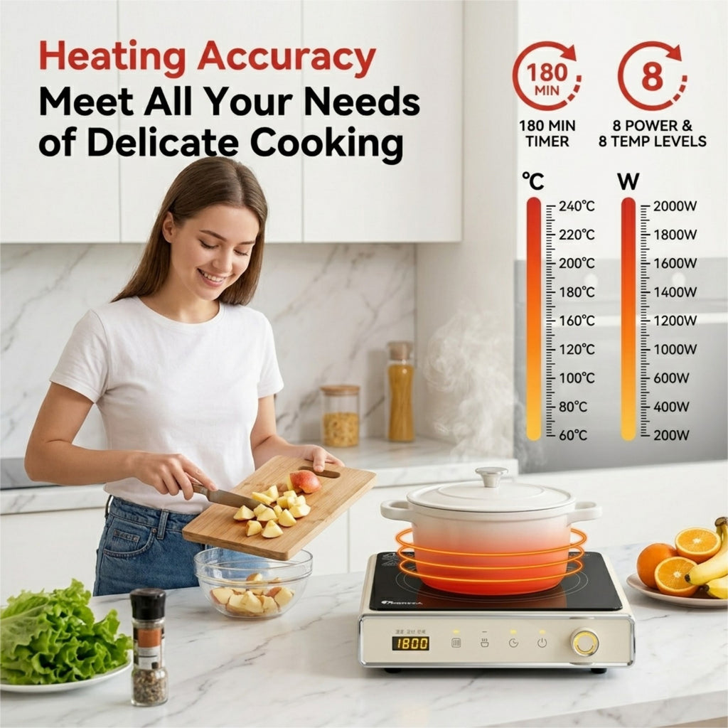 IAGREEA 2000W Electric Ceramic Cooker, Portable Hot Plate with 8 Temperature & 8 Power Levels, 180 Min Timer & 1 Hour Auto Shut Off, Countertop Single Burner for All Cookware, Easy Clean, Ideal for Kitchen Dorm RV Camping DF200-DTL2520