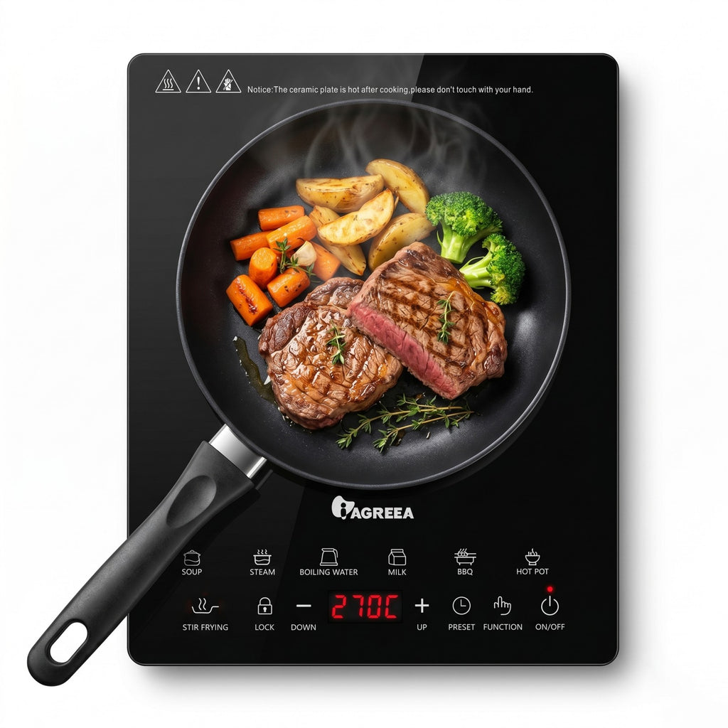 IAGREEA Induction Cooker, 2000W Ultra-thin Induction Hob with 8 Power Levels 60-270°C Temperature Control, 7 Preset Cooking Functions, 3H Timer, Child Safety Lock, 12-26cm Suitable Cookware, Black Glass Panel Portable Induction Cooktop DF200-14V10