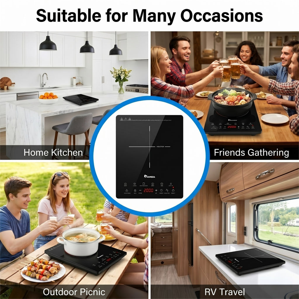 IAGREEA Induction Cooker, 2000W Ultra-thin Induction Hob with 8 Power Levels 60-270°C Temperature Control, 7 Preset Cooking Functions, 3H Timer, Child Safety Lock, 12-26cm Suitable Cookware, Black Glass Panel Portable Induction Cooktop DF200-14V10