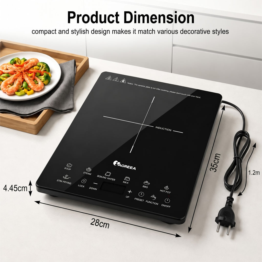 IAGREEA Induction Cooker, 2000W Ultra-thin Induction Hob with 8 Power Levels 60-270°C Temperature Control, 7 Preset Cooking Functions, 3H Timer, Child Safety Lock, 12-26cm Suitable Cookware, Black Glass Panel Portable Induction Cooktop DF200-14V10