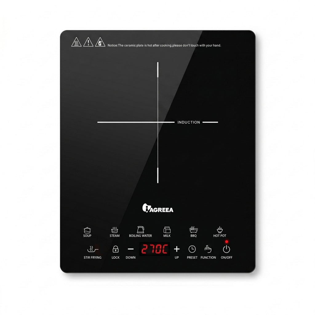 IAGREEA Induction Cooker, 2000W Ultra-thin Induction Hob with 8 Power Levels 60-270°C Temperature Control, 7 Preset Cooking Functions, 3H Timer, Child Safety Lock, 12-26cm Suitable Cookware, Black Glass Panel Portable Induction Cooktop DF200-14V10