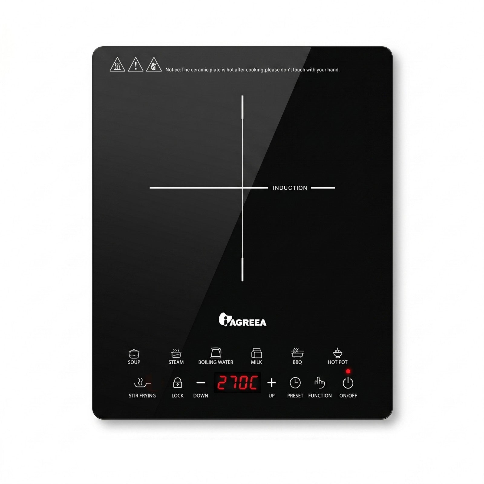 IAGREEA Induction Cooker, 2000W Ultra-thin Induction Hob with 8 Power Levels 60-270°C Temperature Control, 7 Preset Cooking Functions, 3H Timer, Child Safety Lock, 12-26cm Suitable Cookware, Black Glass Panel Portable Induction Cooktop DF200-14V10