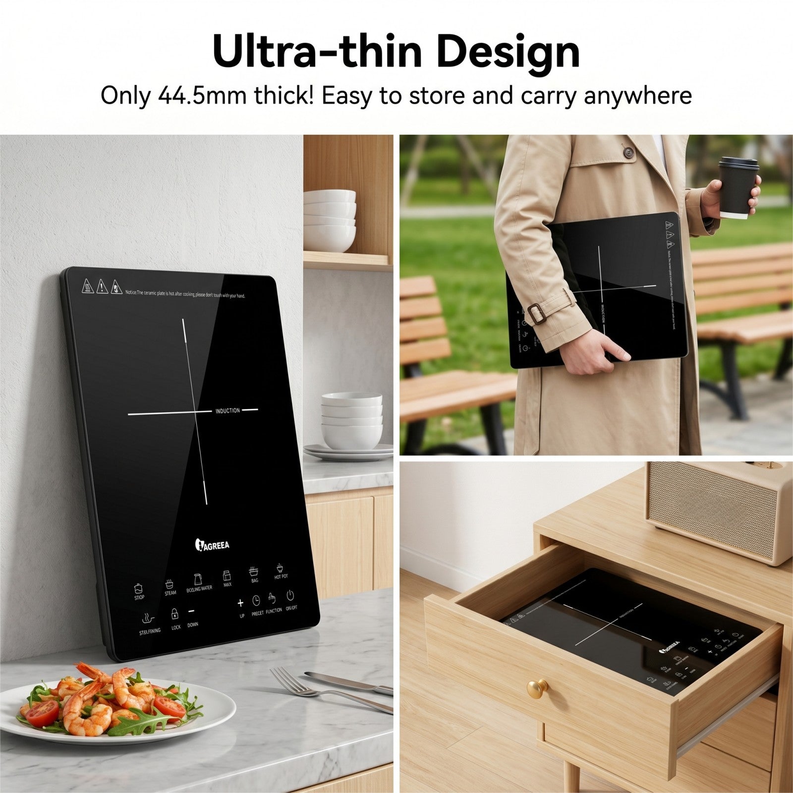 IAGREEA Induction Cooker, 2000W Ultra-thin Induction Hob with 8 Power Levels 60-270°C Temperature Control, 7 Preset Cooking Functions, 3H Timer, Child Safety Lock, 12-26cm Suitable Cookware, Black Glass Panel Portable Induction Cooktop DF200-14V10
