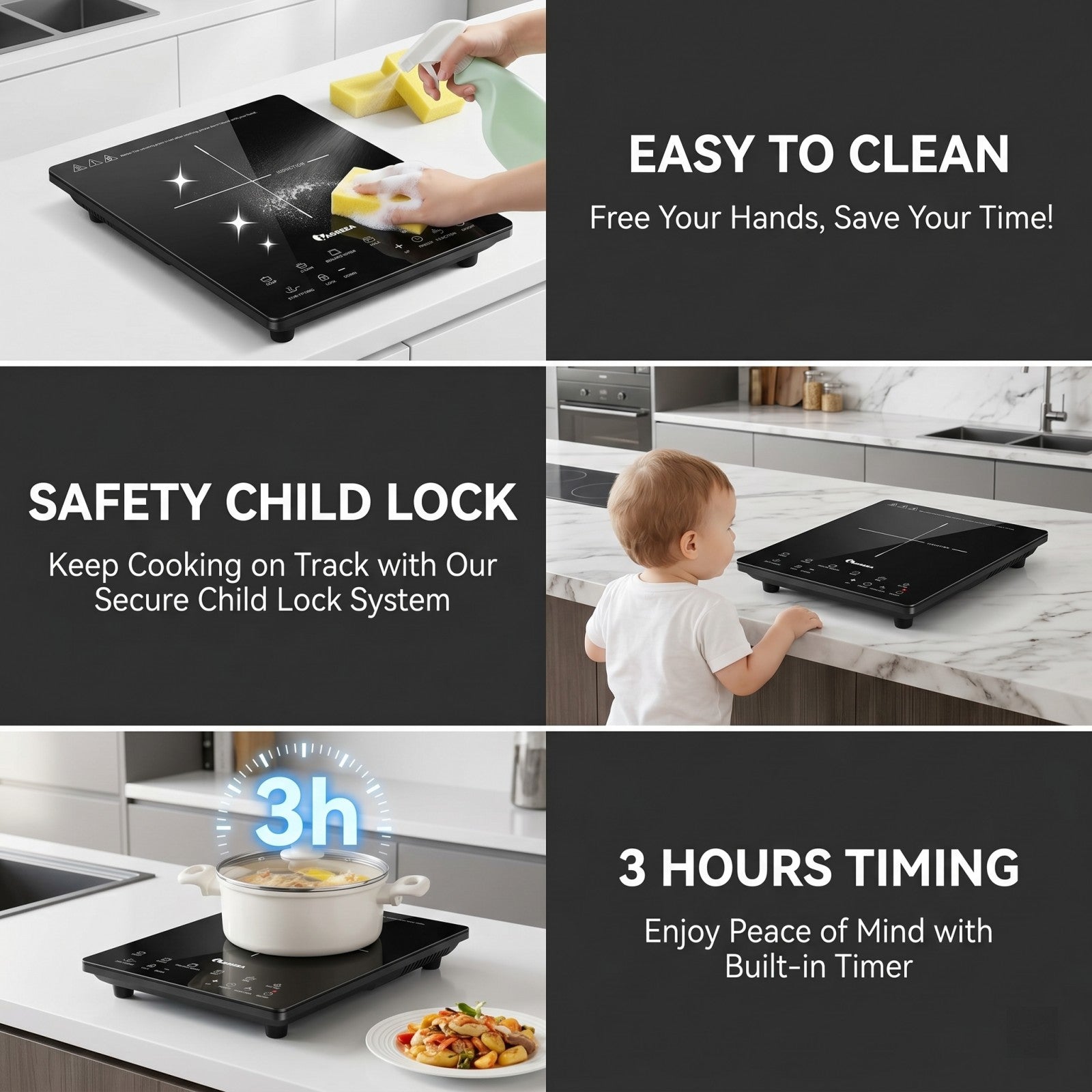 IAGREEA Induction Cooker, 2000W Ultra-thin Induction Hob with 8 Power Levels 60-270°C Temperature Control, 7 Preset Cooking Functions, 3H Timer, Child Safety Lock, 12-26cm Suitable Cookware, Black Glass Panel Portable Induction Cooktop DF200-14V10