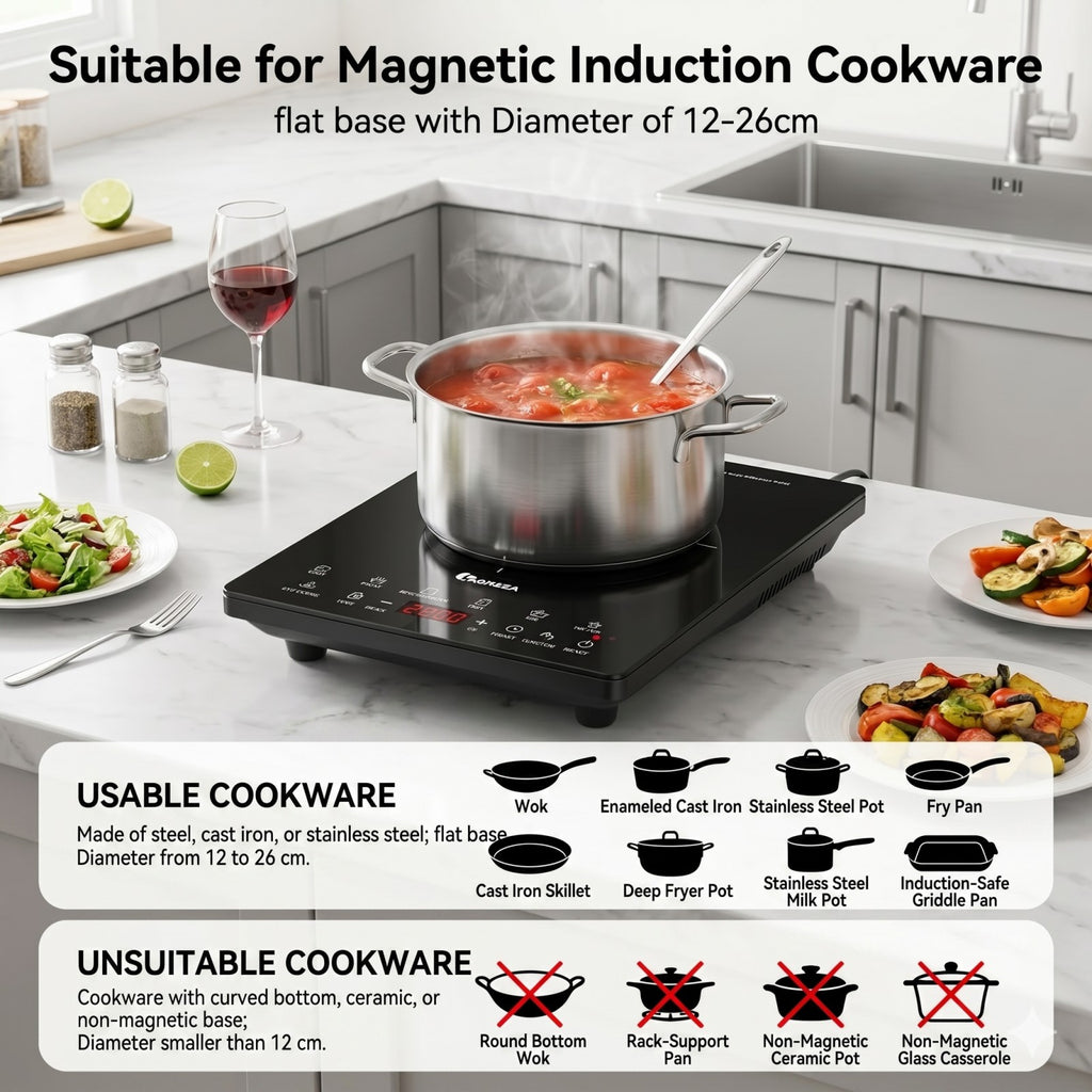 IAGREEA Induction Cooker, 2000W Ultra-thin Induction Hob with 8 Power Levels 60-270°C Temperature Control, 7 Preset Cooking Functions, 3H Timer, Child Safety Lock, 12-26cm Suitable Cookware, Black Glass Panel Portable Induction Cooktop DF200-14V10