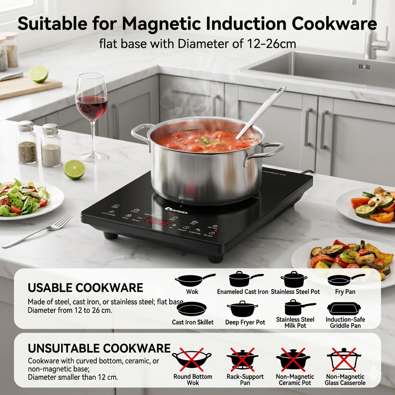 IAGREEA Induction Cooker, 2000W Ultra-thin Induction Hob with 8 Power Levels 60-270°C Temperature Control, 7 Preset Cooking Functions, 3H Timer, Child Safety Lock, 12-26cm Suitable Cookware, Black Glass Panel Portable Induction Cooktop DF200-14V10