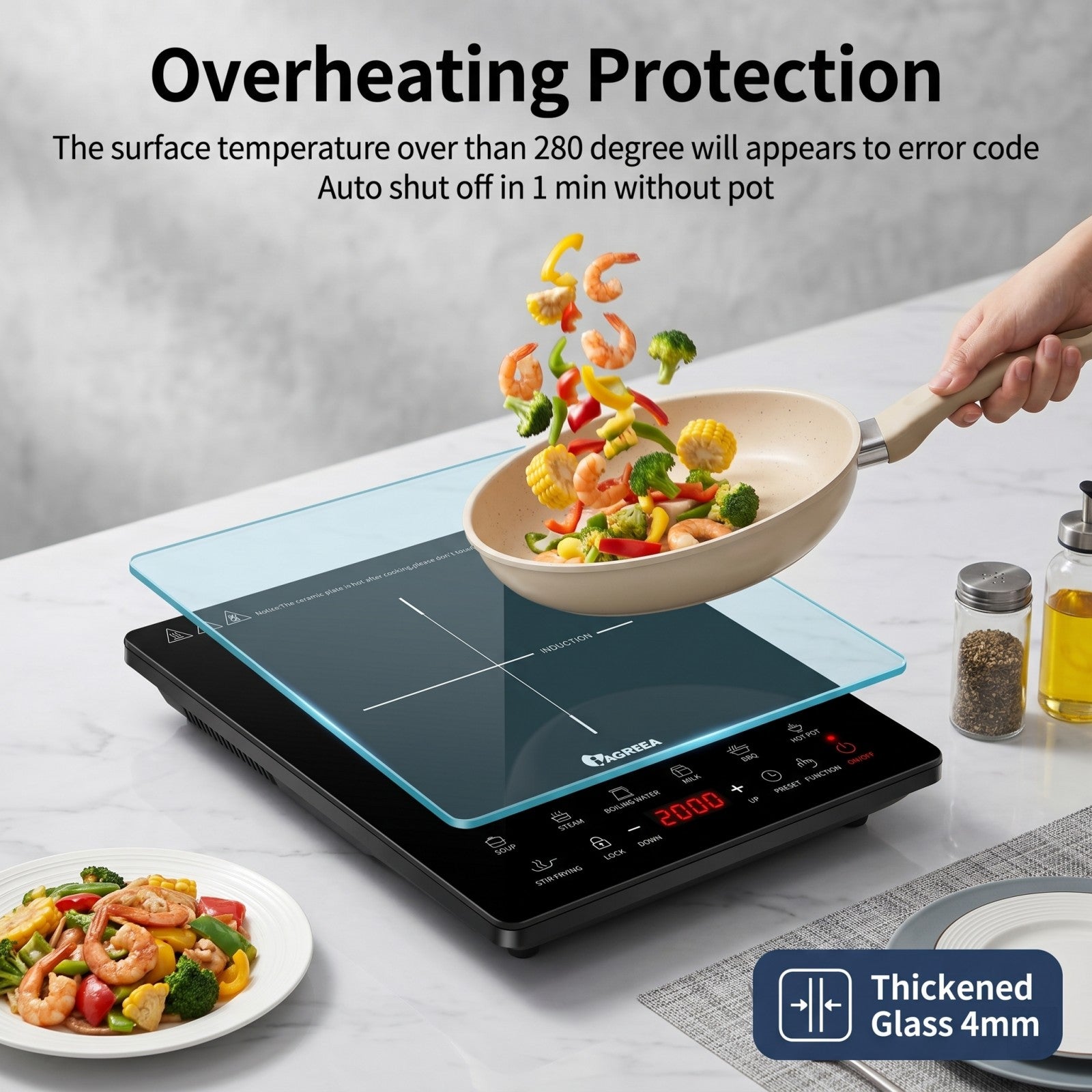 IAGREEA Induction Cooker, 2000W Ultra-thin Induction Hob with 8 Power Levels 60-270°C Temperature Control, 7 Preset Cooking Functions, 3H Timer, Child Safety Lock, 12-26cm Suitable Cookware, Black Glass Panel Portable Induction Cooktop DF200-14V10