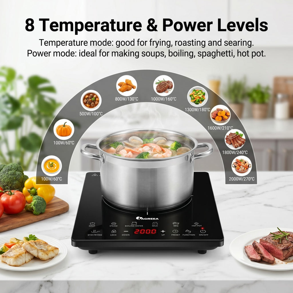 IAGREEA Induction Cooker, 2000W Ultra-thin Induction Hob with 8 Power Levels 60-270°C Temperature Control, 7 Preset Cooking Functions, 3H Timer, Child Safety Lock, 12-26cm Suitable Cookware, Black Glass Panel Portable Induction Cooktop DF200-14V10